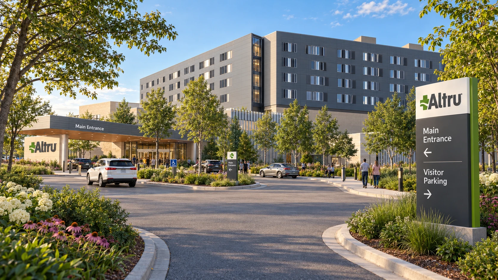 Altru hospital entrance visualization with branded wayfinding signs, a covered drop-off, and landscaped grounds