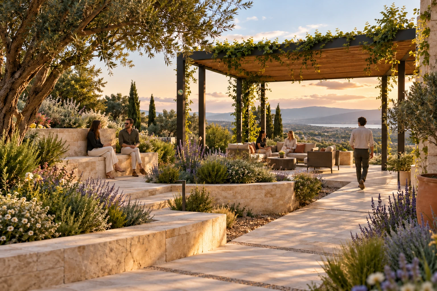 Photoreal concept study of a terraced garden with seatwalls, a timber pergola, gathering spaces and people moving along a gently sloping path; the circular Synergy Design Works mark connects the study branding.