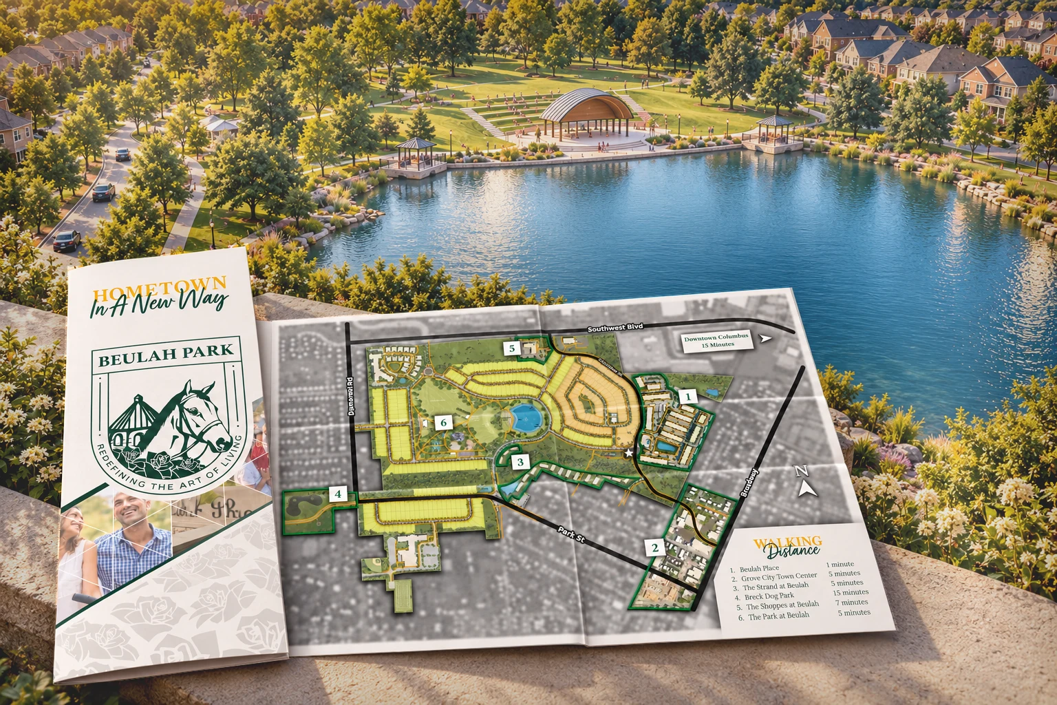 Presentation mockup of the Beulah Park trifold, showing its closed cover beside the opened neighborhood map