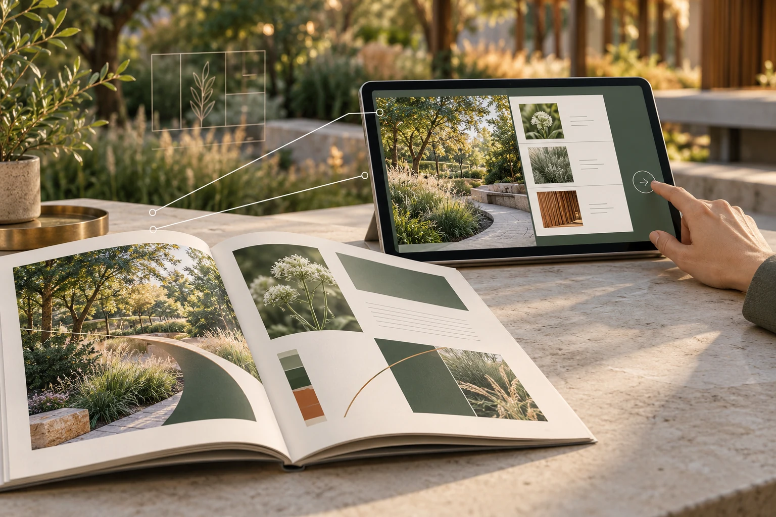 Concept study linking a printed garden guide with an interactive tablet, with a hand selecting screen content and fine drafting lines connecting the two formats