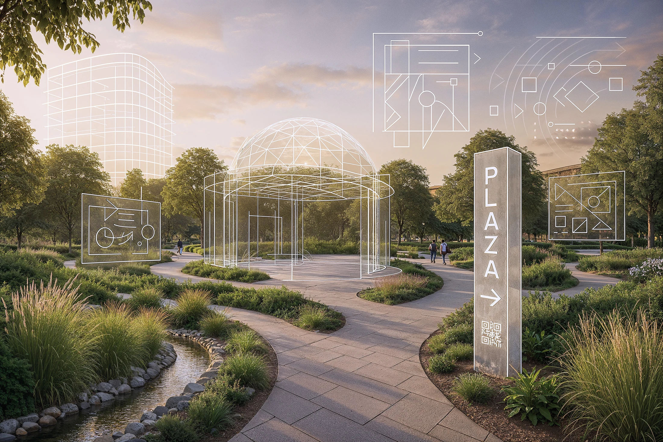 Modern city pocket park concept with planting, architecture, and environmental graphics