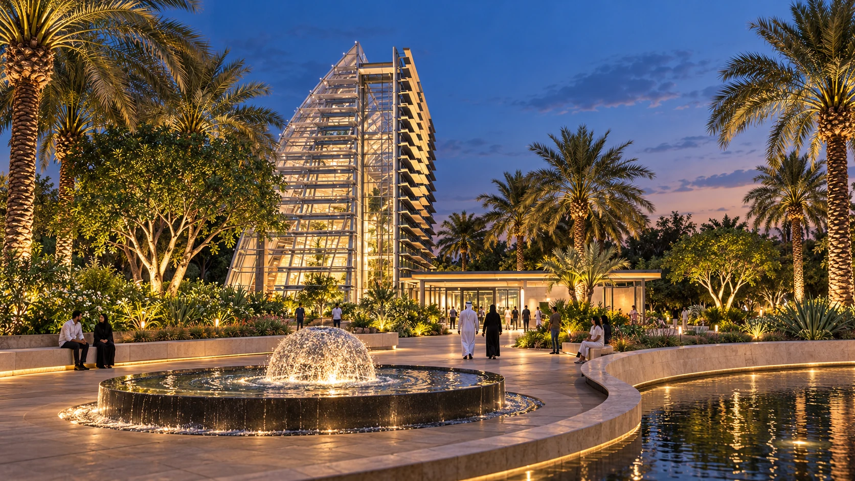 Mushrif Central Park shade-house visualization at dusk with a circular fountain, palms, and illuminated seating