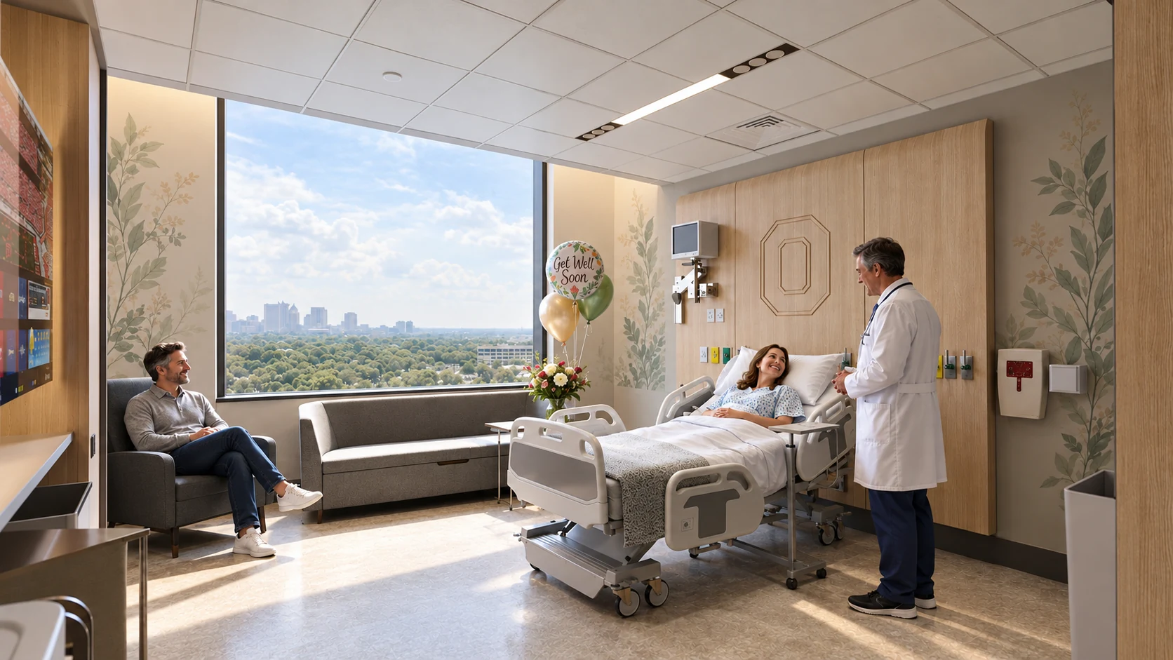 AI-assisted photorealistic study of an OSU Wexner Medical Center patient room with a doctor, female patient, visiting family member, and soft botanical wall graphics