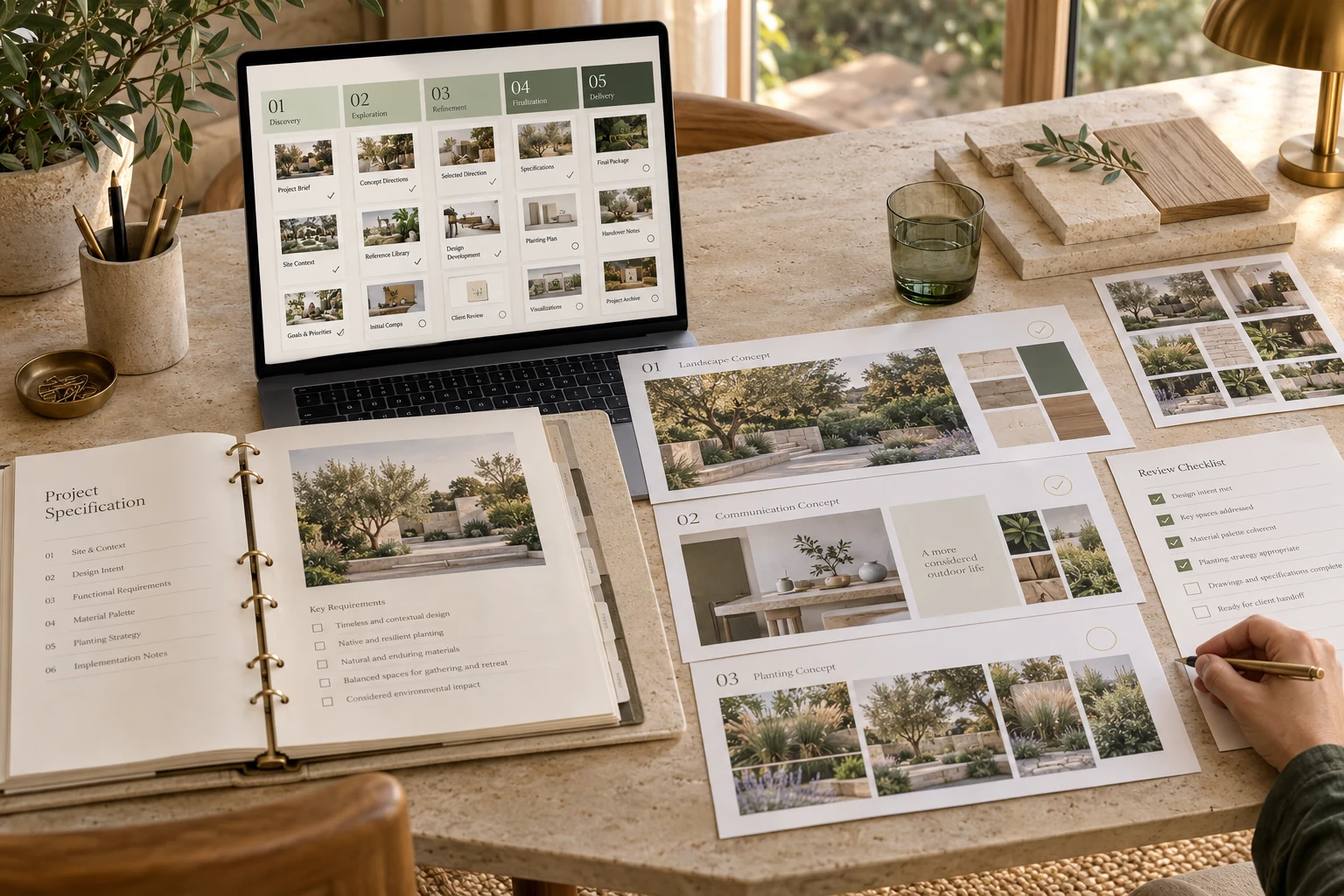 Photoreal concept of a designer reviewing a structured creative workflow, source materials, proof sheets, and handoff documents at a material-rich studio desk.