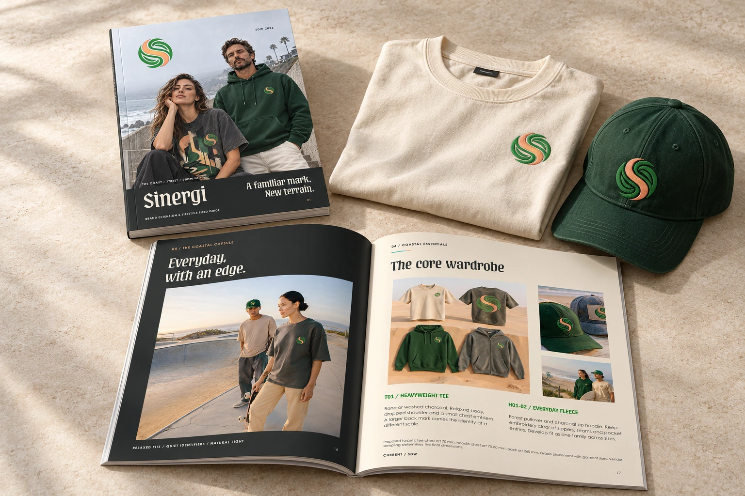Photorealistic presentation of the Sinergi brand book, its open coastal apparel spread, a folded bone T-shirt and a forest-green cap on a warm stone tabletop